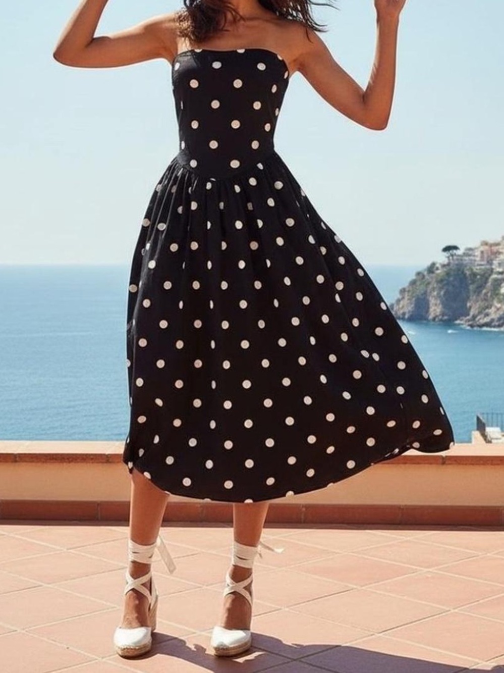Tulip Creations Strapless Drop Waist Empire Waist Polka Dot Bubble Midi Dress